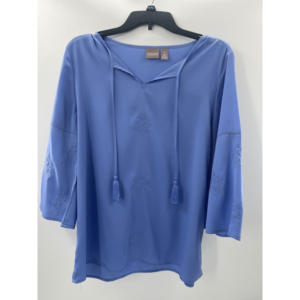 Chicos Blue Embroidered Tassel Tie Peasant Blouse Top Size 1 Medium Periwinkle